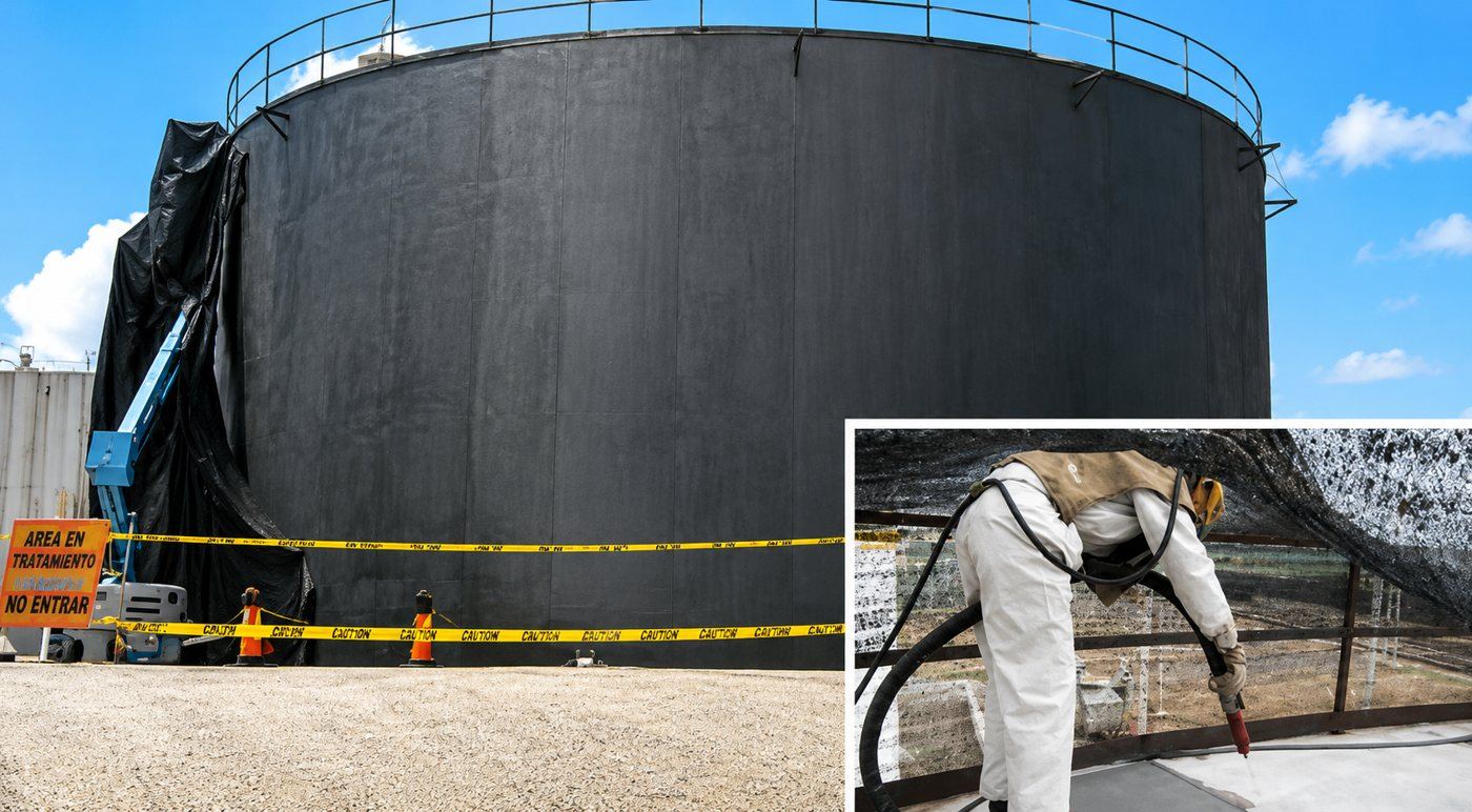 Field recoating of a steel tank under containment