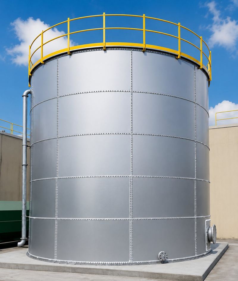 Stainless steel wastewater storage tank with perimeter railing on a concrete foundation