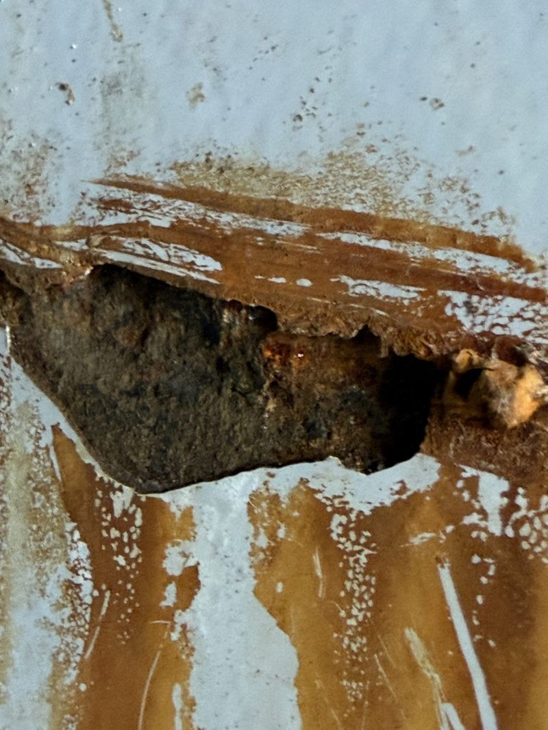 Pitting corrosion penetrated completely through the tank shell where coating holidays went unprotected