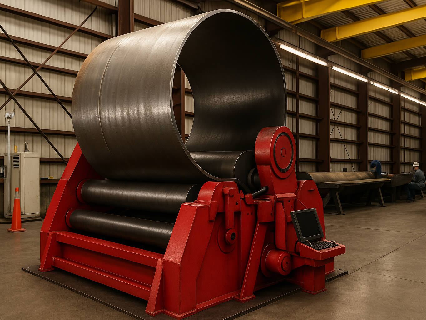 Rolled cylindrical steel tank shell course sitting in the plate roll on the fabrication shop floor