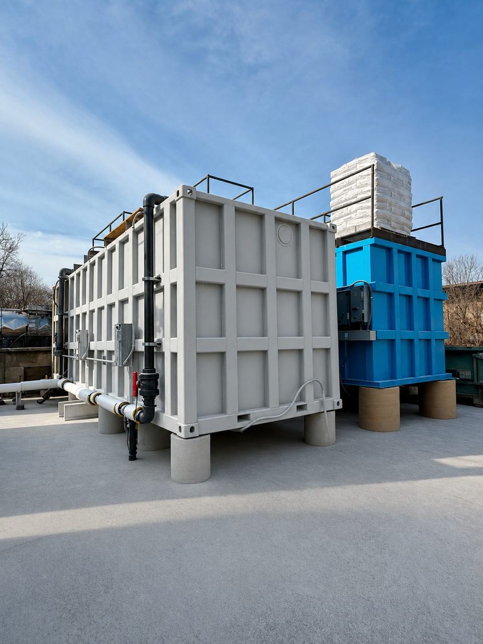 Grey and blue modular steel tanks installed on concrete pier supports with process piping and handrails at a water-treatment site