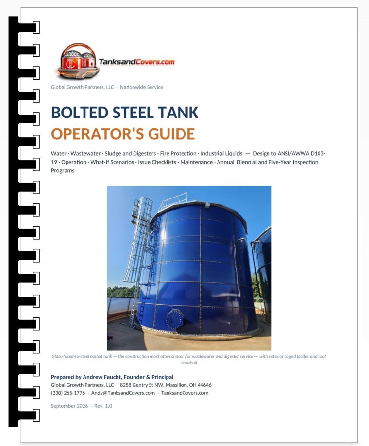 Front cover of the Bolted Steel Tank Operator&rsquo;s Guide: the TanksandCovers.com logo, the title, a subtitle listing water, wastewater, sludge and digesters, fire protection and industrial liquids, a photograph of a blue glass-fused-to-steel bolted tank with a caged exterior ladder, and the author, address and revision block
