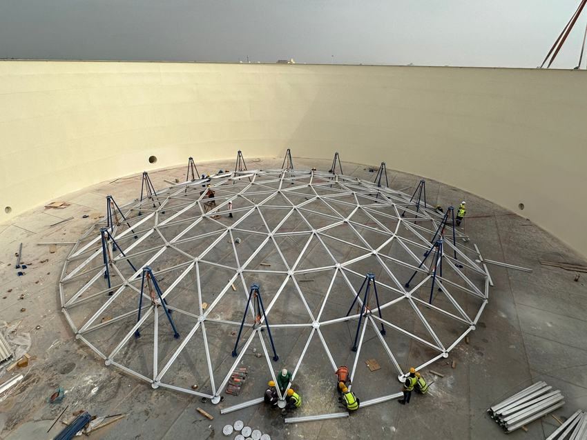 Field assembly of an aluminum dome space frame by crew