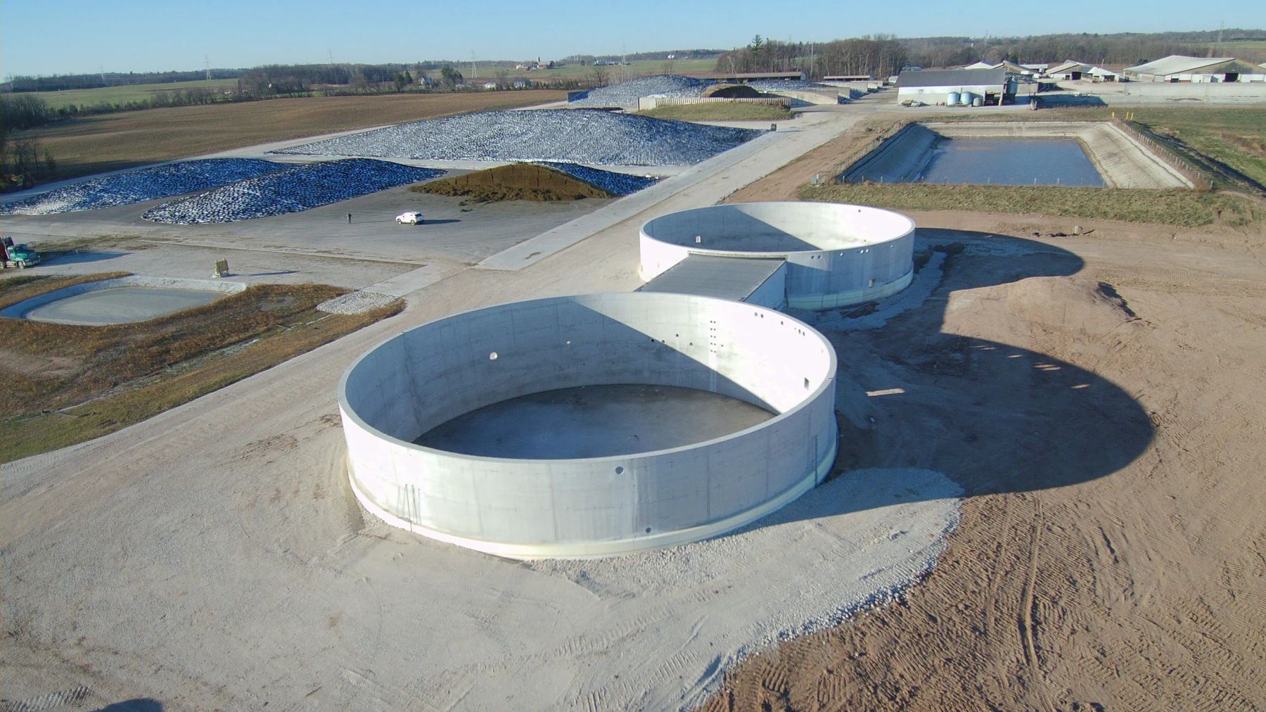 Completed round treatment tanks at a water and wastewater facility