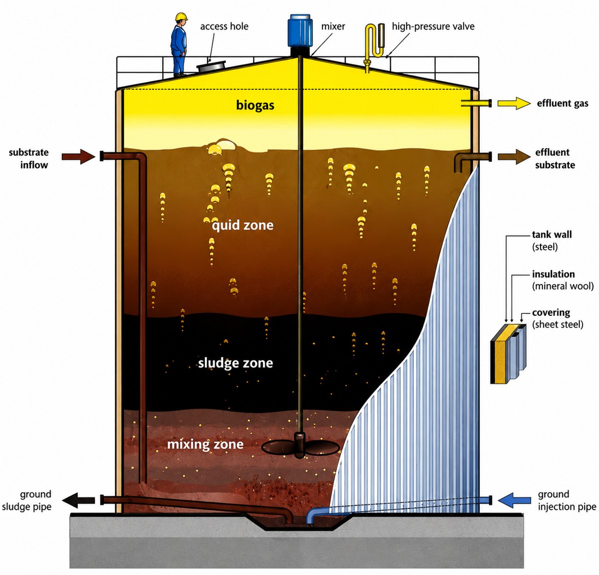 Anaerobic digester showing biogas headspace and liquid zones