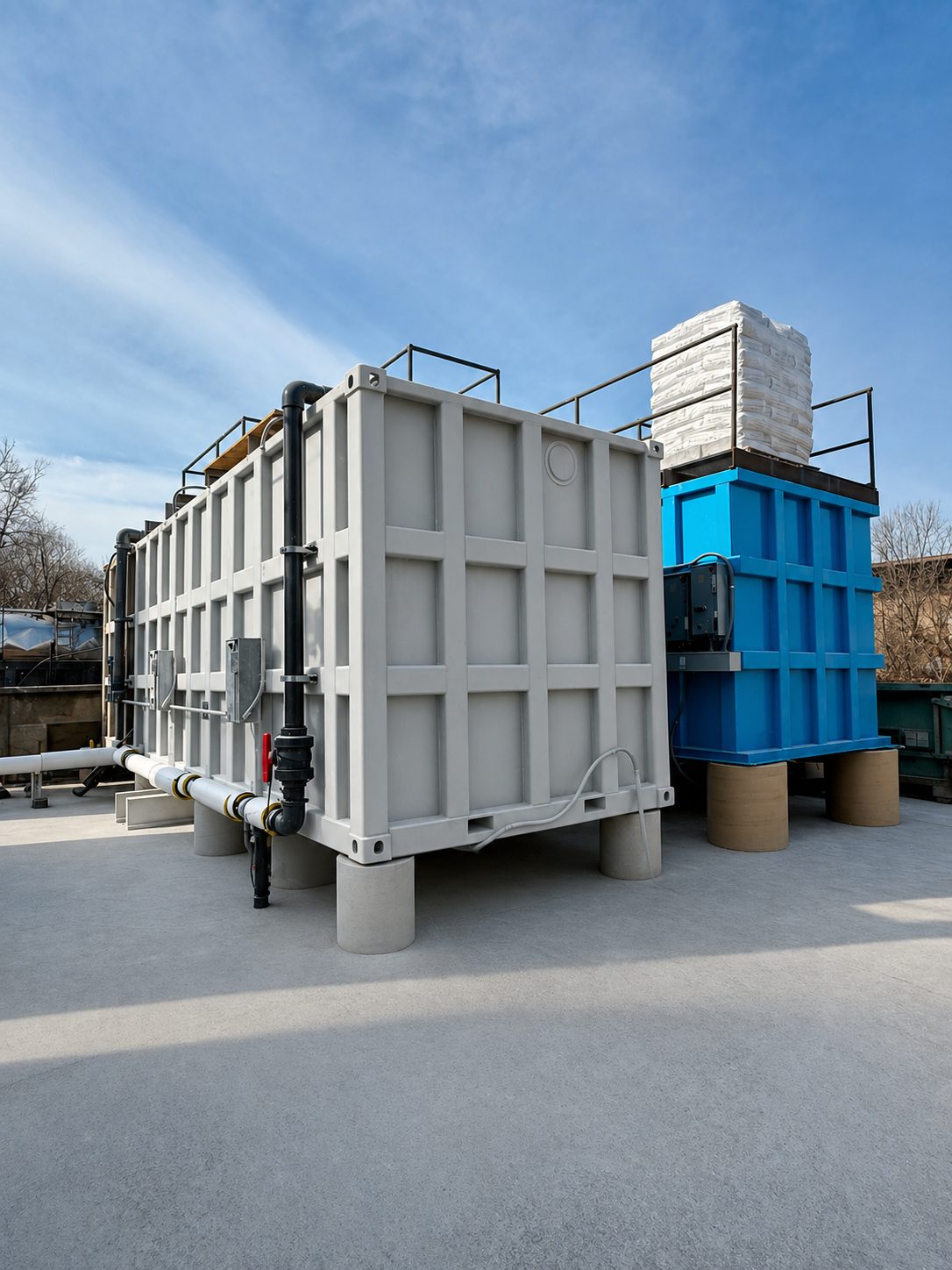 Grey and blue modular steel tanks installed on concrete pier supports with process piping and handrails at a water-treatment site